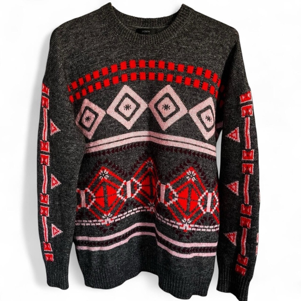 J.CREW Boho Print Nice Pink Red Grey Pullover Crew Neck Sweater
